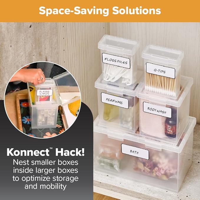 Bostitch Konnect Storage Containers with Lids, Clear Plastic Box, Stackable for Crafts, Home, and Office Organization, Labels, 5 Piece (1 4Qt Box, 21.5-Qt Boxes, 2 0.5-Qt Boxes)