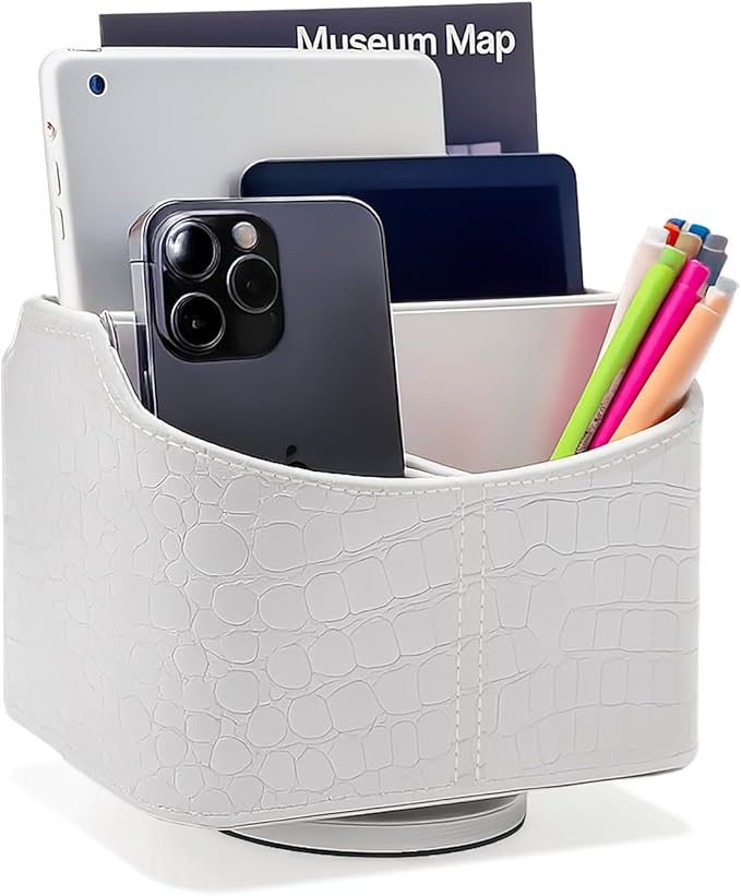UnionBasic Rotating Desk Organizer, 360 Desk Spinning Caddy, Desktop TV Guide/Mail/Media/Remote Controller Holder Organizer, Crocodile White
