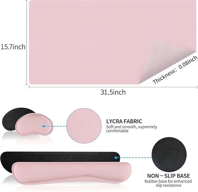 Desk Mat Set， Wrist Rest for Computer Keyboard, 3-in-1 Large Mouse Pad and Keyboard Wrist Rest Set, Non-Slip Desk Mat Protector for Office, Home(27.5×13.8 Inches, Pink)