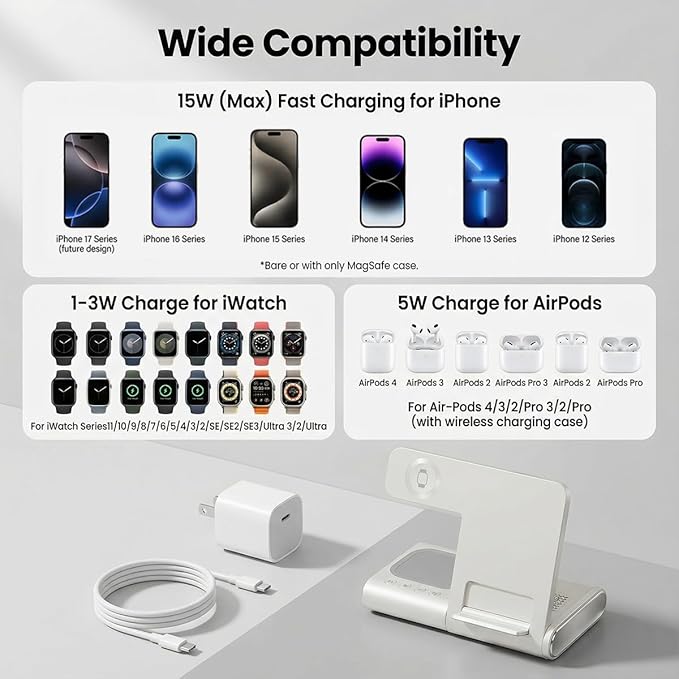 BLKE 3 in 1 Wireless Charging Station with Bluetooth Speaker & Night Light, 33W Foldable Bedside Charger Stand for iPhone 17/16/15/14/13, Apple Watch, AirPods Pro & Samsung Galaxy Phone