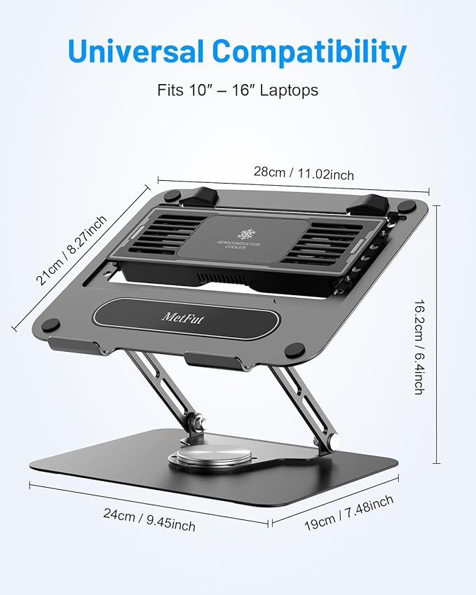 Metfut Laptop Cooling Pad with Detachable Fan & Cooler, Adjustable Height & Angle, 360 Rotation Base, Ultra-Quiet, Carbon Steel Framework for MacBook, ASUS, Dell 10-16” Laptop for Tablet, DJ Mixer