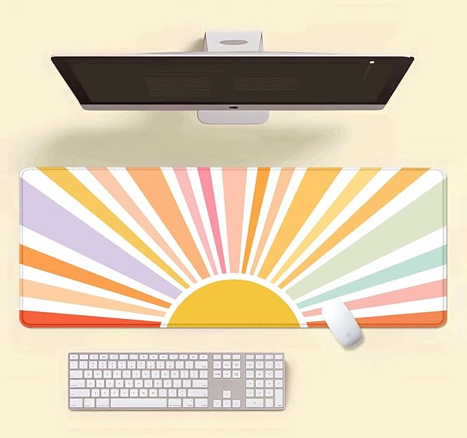 Rainbow Large Desk Mat, Sun Extended Mouse Pad for Laptop, Aesthetic Art Desk Pad Cute, Pink Orange Large Mousepad, Computer pad, Sunrise Desktop Mat for Office Home, Gift for Kids Girly Fresh