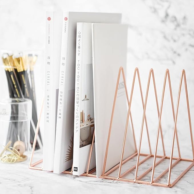 Sooyee 9 Slot Rose Gold Magazine Holder, Desktop File Sorter Organizer Triangle Bookshelf Decor for Home Office, 10.2" L x 7" W x 6.9" H, Iron Wire