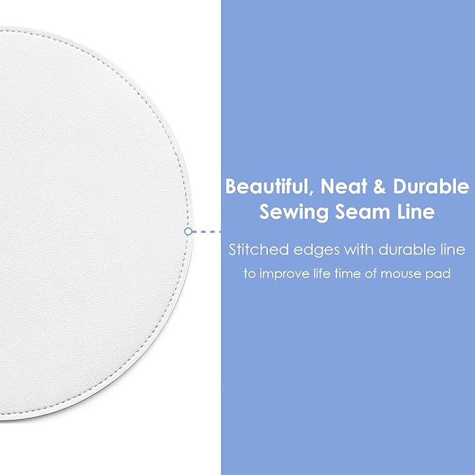ProElife Round Mouse Pad Waterproof PU Leather Mouse Pad Cute Circular Mousepad 8.66-Inch Anti-Slip Mouse Mat Stitched Edges for Home Office Wireless Bluetooth/Wired Mouse Desk Accessories (White)