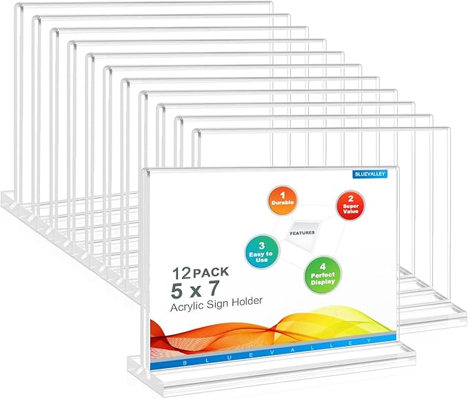 BlueValley Clear Acrylic Sign Holder 7x5 Inch - 12 Pack Double Sided Lucite Plastic Paper Display Stand for Brochure, Tabletop Sign, Document Picture Frame For Office Retail Catering Menu Show Fair Vendor Events