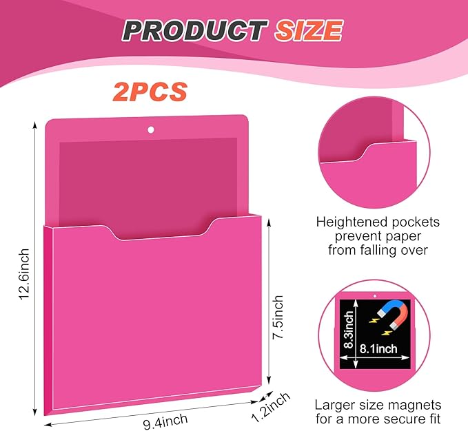 Feifeiya 2 Pcs Magnetic File Folder Wall Hanging Holder Large Pocket Paper Magazine Mail Organizer for Refrigerator Classroom Locker Whiteboard(Vertical,Rose Red,12.2 x 9.4 Inches)
