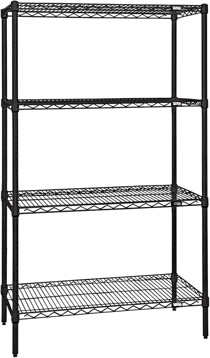 Quantum Storage Systems WR86-1442BK Wire Shelving Starter Kit, 42" W x 14" D x 86" H, 600 lbs Capacity, Carbon Steel, Epoxy Coated, Black, NSF
