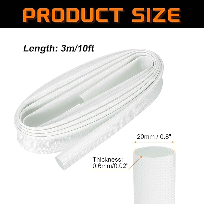 MECCANIXITY 10ft Braided Cable Sleeve, 0.8" ID 200C Heat Resistant 1500V Fiberglass Wire Insulation Cord Protector Organizer Wires Management for Motor Engine Fuel Line, White