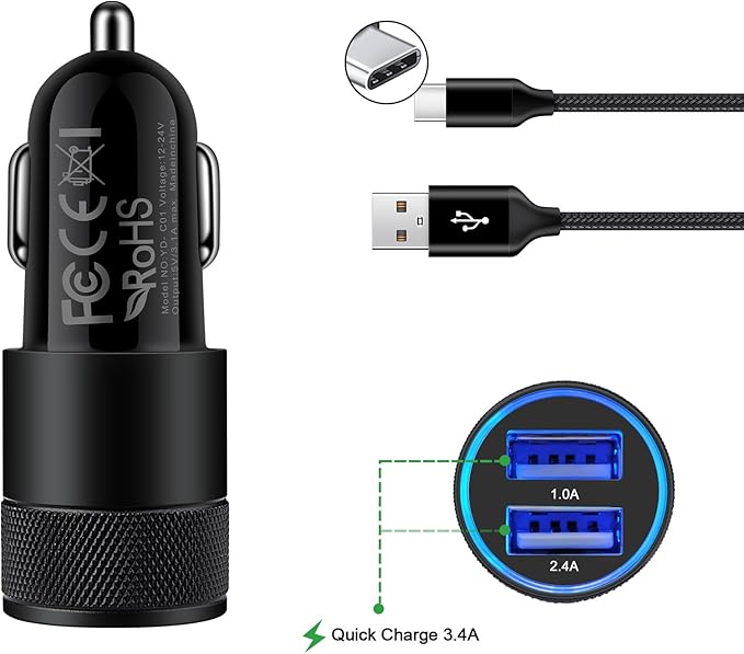 USB Type C Car Charger, Dual Port Car Adapter with 6ft Fast Charge USB C Cable for Samsung Galaxy S25 S24 S23 S22 S21 S20 S10 A17 A16 A15,iPhone Air/17/16/15,Google Pixel 10 9 8 Pro 7 7a 6a 6,Moto,LG