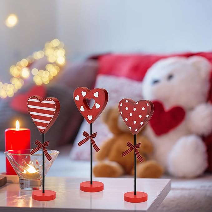 Smile Valentine's Day Heart - Shaped Wooden Table Decor Set with Red Bases & Ribbon Accents, Valentine Indoor Decoration