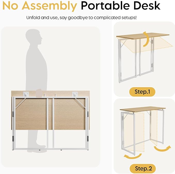 alawooder Folding Desk - 39.4” Wood Top Foldable Desk for Small Spaces | No Assembly Required Compact Desk for Home Office, Writing, and Study