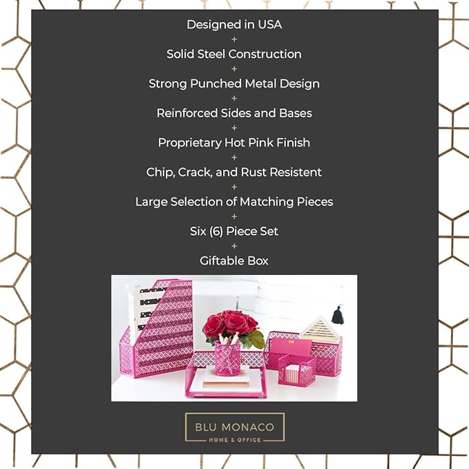 BLU MONACO Pink Office Supplies Hot Pink Desk Accessories for Women Office - 6 Piece Cute Pink Desk Organizer Set
