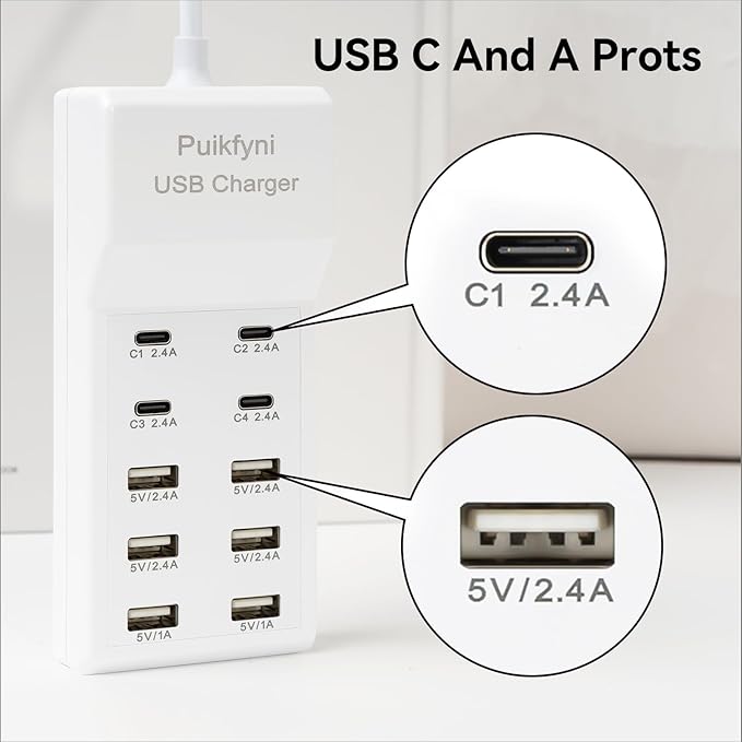 USB Charger Station with 4 Type-C and 6 Type-A Ports, Rapid Charging Auto Detect Technology Safety Guaranteed, 50W 10A USB Charger Block for Smart Phone, Tablet, Laptop, Multiple Devices