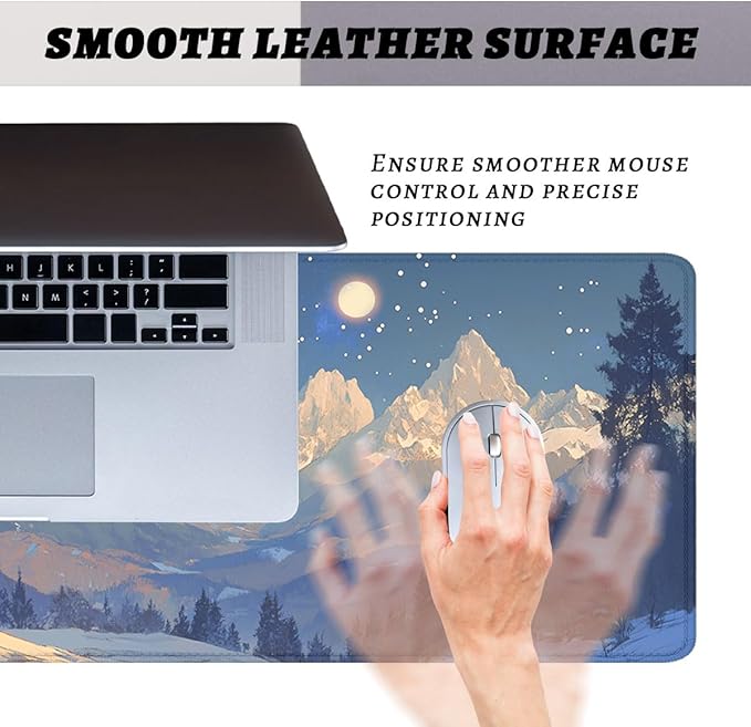 Winter Mountain Night Gaming Mouse Pad Starry Sky Snow Peaks Mousepad Extended Large Laptop Keyboard Non-Slip Rubber Base with Stitched Edges for Home 31.5 x 11.8 inch
