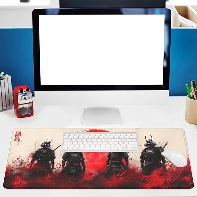 Samurai Gaming Mouse Pad Japanese Warrior Black Graffiti Red Sun Extended Mousepad Waterproof Stitched Edges Rubber Base Non-Slip Deskpad Computer Keyboard Mat 31.5x11.8 in