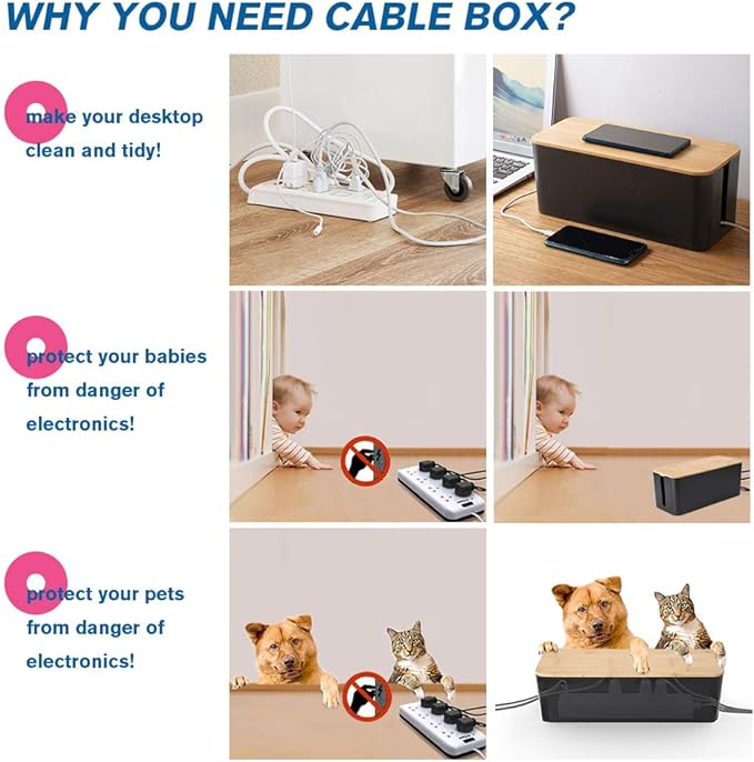 PowerKing Cable Management Boxes Organizer, Bamboo Lid, Large Storage Wires Keeper Holder for Desk, TV, Computer, USB Hub, System to Cover and Hide & Power Strips & Cords (Luxury Black)