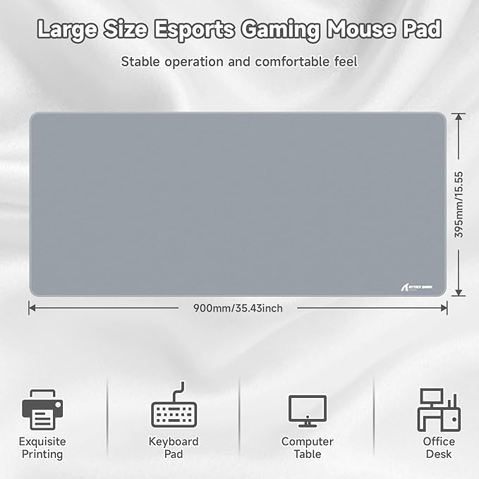 ATTACK SHARK CM02Pro Gaming Mouse Pad for Esports Speed Large Mouse mats for Desk Waterproof Surface Stitched Edges and Anti-Slip Rubber Base Size XXL Laminate 35.43” x 15.75” x 0.16” Gray