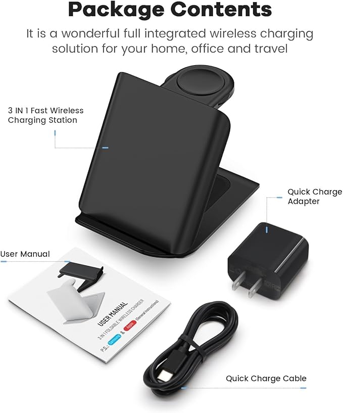 Samsung Galaxy Z Flip 3-in-1 Wireless Charging Station - Foldable 15W Fast Travel Charger Stand for z Flip 7 6 5 4 3, Razr+, Galaxy Watch & Buds 3,2 Pro,Live,PD20W Adapter Included,Black