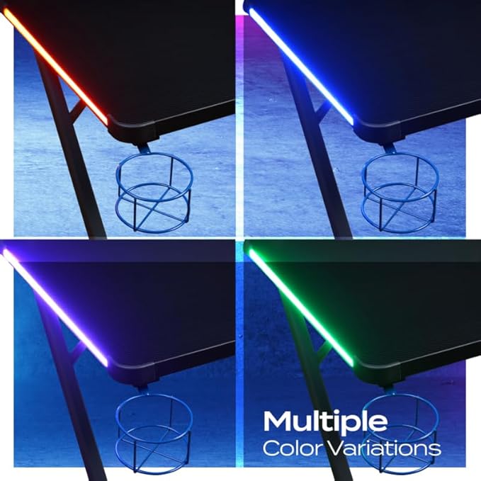 Aon Gaming Desk & Gaming Chair Set – LED Carbon Fiber Desk with Riser Shelf and Ergonomic Racing-Style Gaming Chair, Black/Blue
