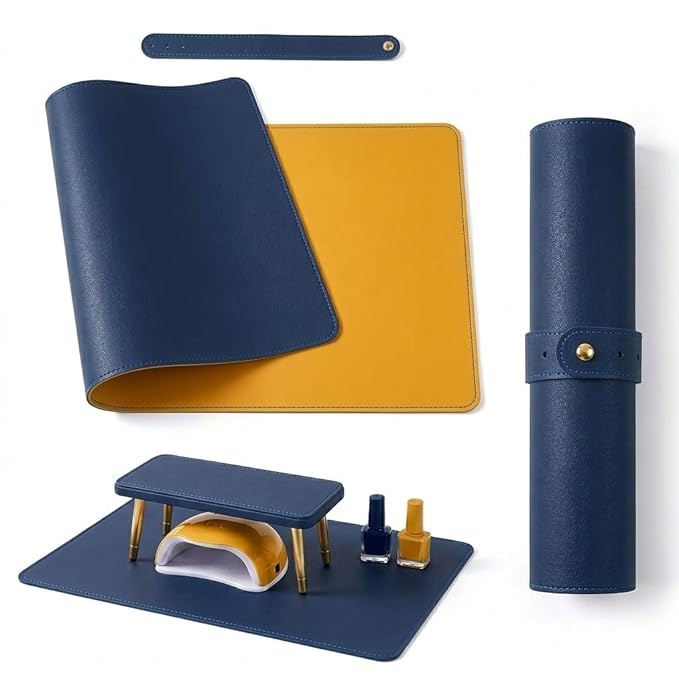 Double Sided Nail Art Table Mat, Soft Microfiber Leather Nail Hand Rest Mat, Waterproof Nail Arm Rest, Nail Mat for Manicure Table Nail Technician, for Desk, Dining Table, Blue & Yellow (MAT ONLY)