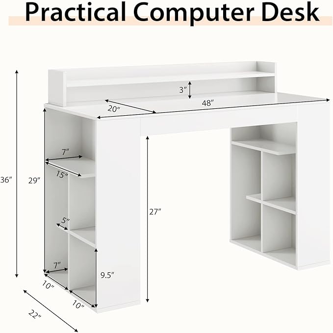 Tangkula 48” White Desk with Storage Bookshelf, Home Office Computer Desk with Dual 3 Tier Bookshelf & Monitor Shelf, Study Writing Desk with Anti-Tipping Kit, Executive Desk for Study & Bedroom