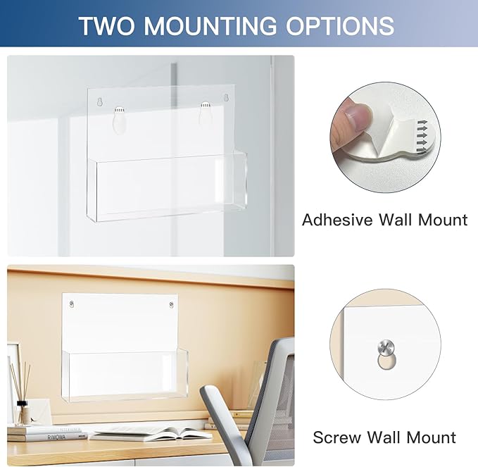 JUESHA 2 Pack Clear Acrylic File Holder Wall Mount Self Adhesive, Letter Size Hanging Paper Organizer, Wall Pocket File Holder Storage for Letter Folder Brochure Magazine Bookshelf Literature Display