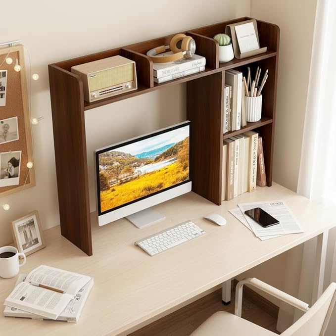 Tangkula Desktop Bookshelf, Countertop Storage Hutch with Shelves for Computer Desk, Desk 3-Tier Display Rack, Multipurpose Wood Desktop Hutch Storage Organizer for Dorm Office (Walnut,5 Shelves)