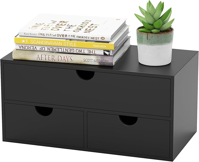 Bamboo Desk Organizer with Drawers Desktop Storage Drawers for Bills Office Supplies Kitchen Utensils Organizing Tool for Home Classroom Organization No Assembly (Black)