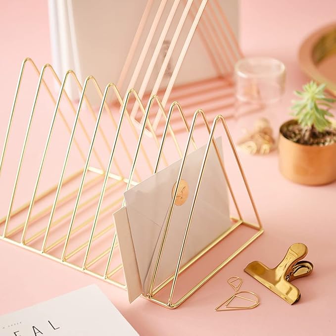 Sooyee 9 Slot Rose Gold Magazine Holder, Desktop File Sorter Organizer Triangle Bookshelf Decor for Home Office, 10.2" L x 7" W x 6.9" H, Iron Wire