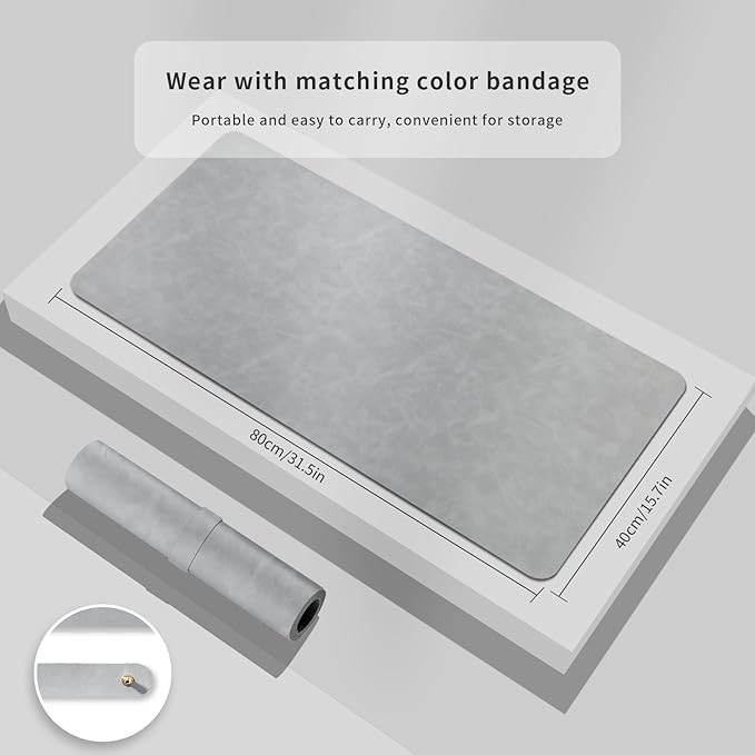 Desk Pad Soft PU Leather Large Mouse Pad Laptop Computer Desk Mat Table Blotter Flat Smooth Waterproof Non-Slip Desktop Protector Writing Pad for Office and Home (Light Grey, 80x40cm)