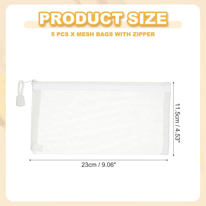PATIKIL B6 Mesh Zipper Pouch Bags, 5 PCS Mesh Bags with Zipper Plastic Storage Pocket for Organizing File Beads Office Home Supplies, 11.5x23cm, White