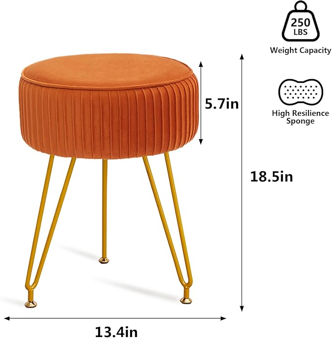 Velvet Vanity Stool, Modern Ottoman Foot Rest Stool with Adjustable Golden Legs, Makeup Chair for Vanity, Multifunctional Small Vanity Chair for Bedroom, Orange