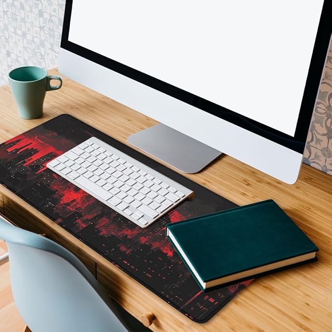 Dark City Mouse Pad Red Moon Gothic Skyline Neon Large Gaming Mouse Mat with Stitched Edges,Non-Slip Waterproof Rubber Base Mous Mat 31.5x11.8 Inch