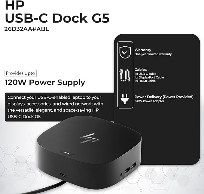 HP 26D32AA#ABL Docking Station G5 - HP Laptop Docking Station Dual Monitor Dock and Charging Bundle with 120W Adapter + HDMI Cable + DisplayPort Cable + USB-C Cable + Microfiber Cloth (Renewed)