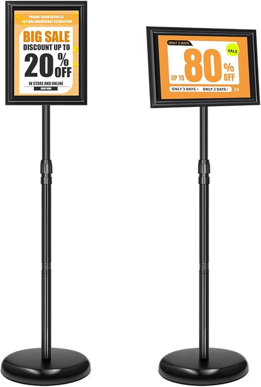 2 Pack Sign Holder Stand 8.5x11 inch, Height Adjustable Floor Standing Signage Stand with 360° Rotated Frame, Outdoor Indoor Poster Stand with Base for Business, advertising, Malls