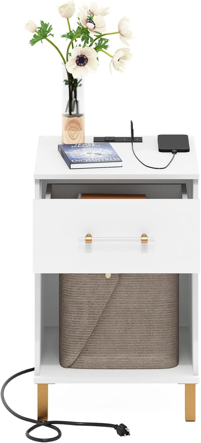 Furinno TIDUR Side Table, Modern Drawer End Table with Charging Station, Night Stand, Bedside Table with USB and Type-C Port, for Living Room, Bedroom, White