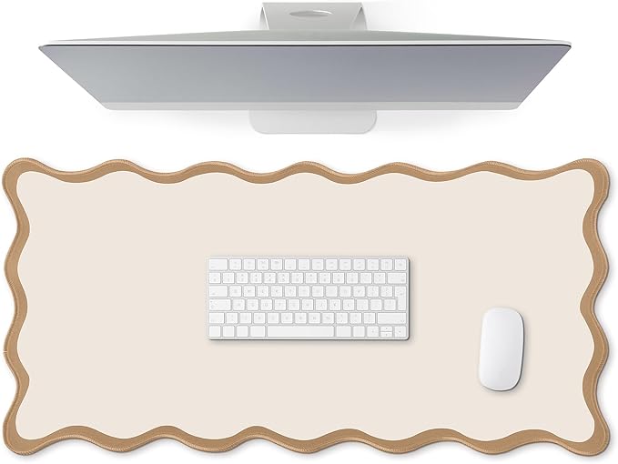 Hahafelt Scalloped Desk Mat Large Desk Pad Cute Coquette Table Mat Aesthetic Preppy Table Make up Pad Nonslip 2026 Graduation Gift with Stitching Waterproof Gaming(Beige,31.5 x 15.8 Inches)