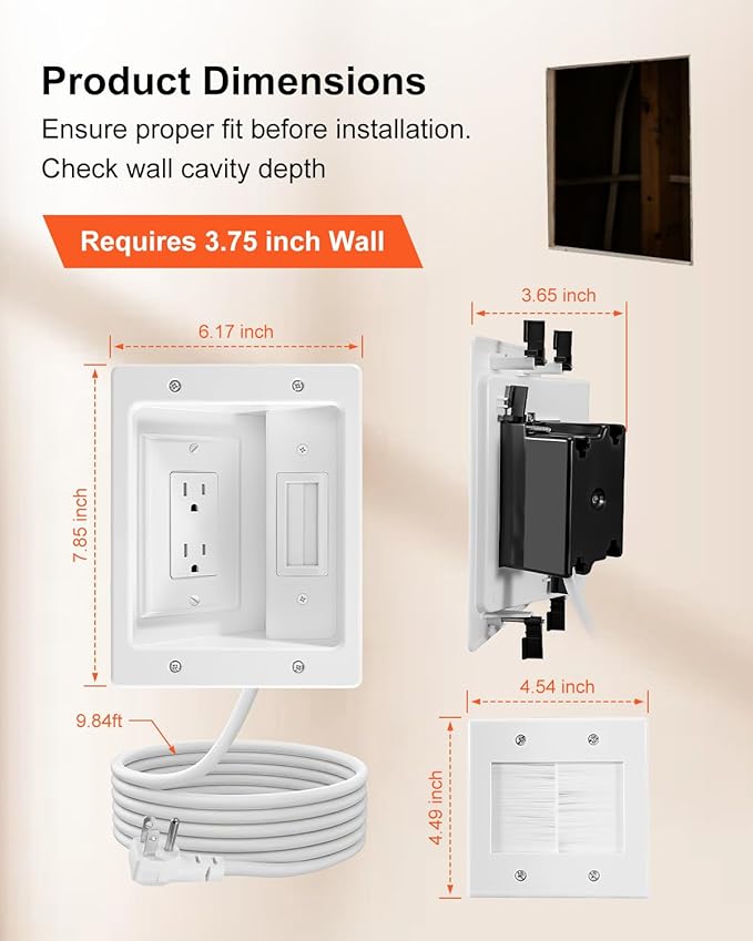 TV Cord Hider for Wall Mounted TV with Recessed Wall Outlet, In-Wall Cable Management Kit with 9.84FT, DIY Installation Kit with Hardware (Only 2AC)