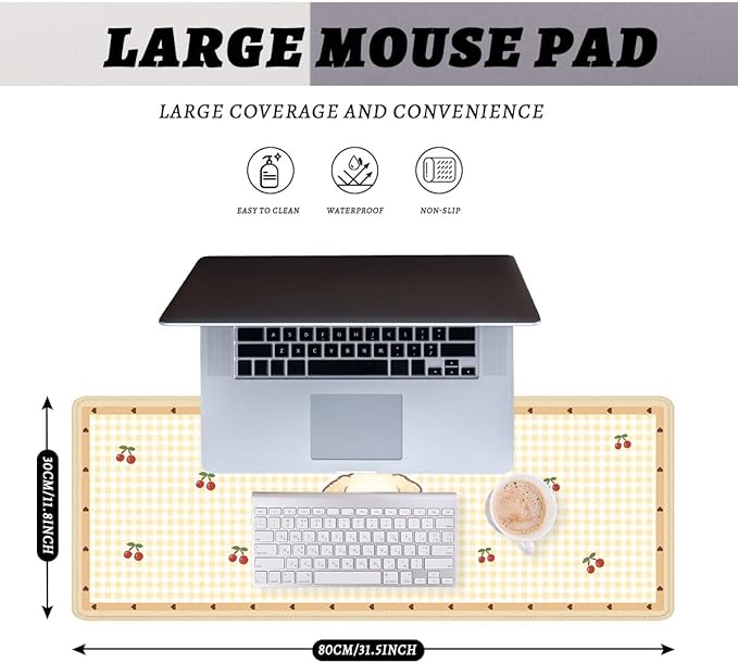 Cute Puppy Mouse Pad Cartoon Cherry Gingham Mousepad Extended Large Laptop Keyboard Non-Slip Rubber Base with Stitched Edges for Home 31.5x11.8 Inch