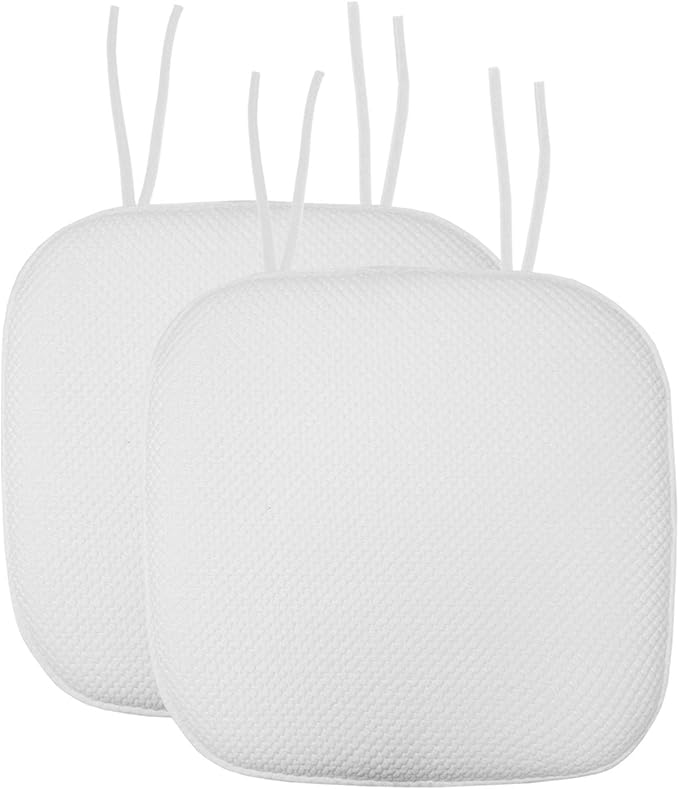 Sweet Home Collection Chair Cushion Memory Foam Pads with Ties Honeycomb Pattern Slip Non Skid Rubber Back Rounded Square 16" x 16" Seat Cover, 2 Pack, White