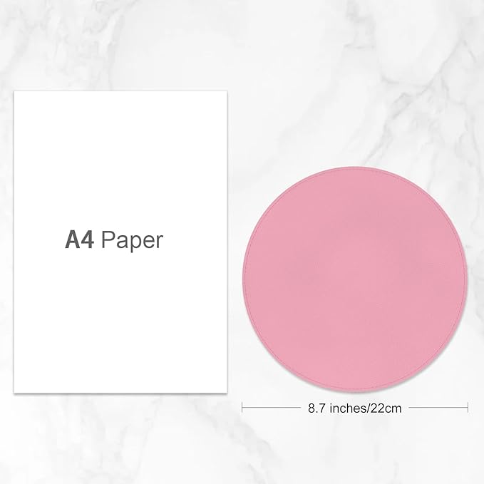 Leather Mouse Pad, Office Mouse Mat Non-Slip Rubber Base Stitched Edge Washable Waterproof Round Mousepad for Office Gaming PC Laptop, Round Diameter 8.7 inches, Pink