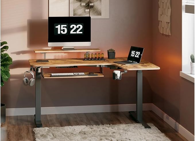 EUREKA ERGONOMIC Standing Desk with Keyboard Tray, Computer Desk, 61" L Shaped Electric Adjustable Height Desk w Monitor Stand LED, Corner Sit Stand Desk Gaming Desk, Dual Motor,Right/Rustic Brown