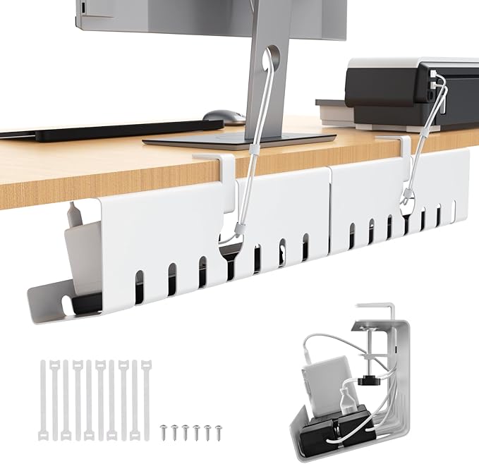 Syeeiex Cable Management with No-Drill C-Clamp & Screw Mount, 17'' Metal Under Desk Cord Organizer, Under Desk Cable Management Tray for Office/Home workspace (White, Set of 2)