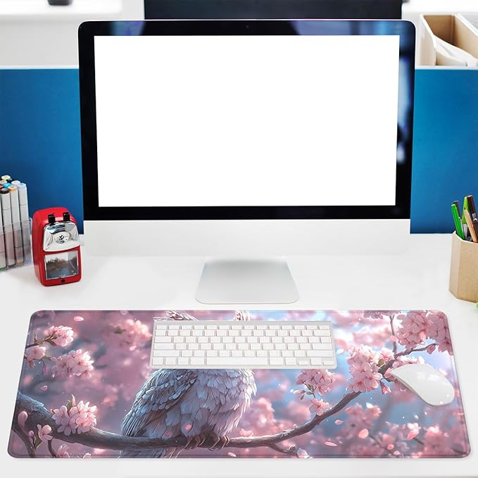 Owl Mouse Pad Fantasy Anime Pink Feathers Cherry Blossoms Extended Mousepad Waterproof Stitched Edges Rubber Base Non-Slip Deskmap Computer Keyboard Mat 31.5x11.8 in