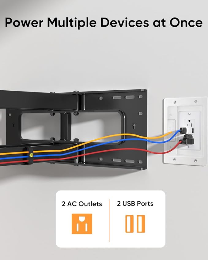 FORGING MOUNT Cord Hider for Wall Mount TV with AC Outlets, 2X USB-A Ports, in-Wall Cable Management Kit, Includes 6ft Extension Cord, Drywall Hole Saw Attachment, Drill Templates