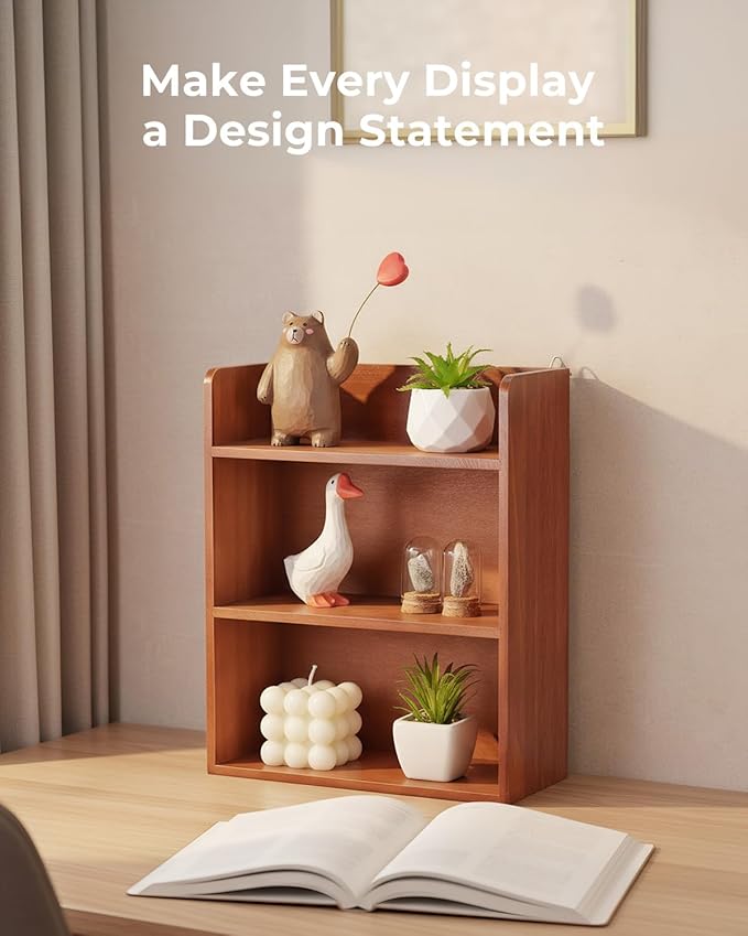 3-Tier Trinket Shelf, 10" x 12" Vintage Display Shelf for Wall or Desk, Small Wooden Shadow Box with Shelves for Collectibles, Mini Figures, Perfumes & Essential Oils, Brown