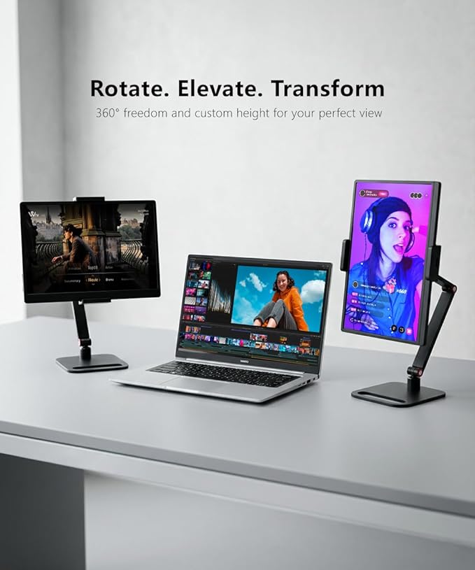 Portable Monitor Stand for Desk, Extra Tall Adjustable Tablet Holder (Max 45cm-17.7" Height), Aluminum 360° Swivel Arm Mount for 6-17.3" Screens, Fits 12.9 inch iPad Pro & Portable Displays