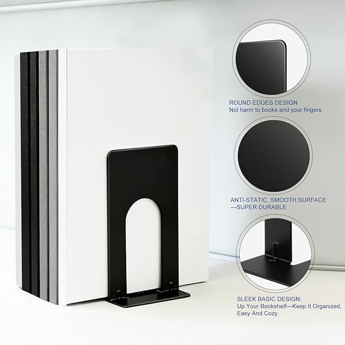 Book Ends for Shelves, 4 Pack Metal Bookends, Compact Book Stopper for Small Books, CDs, Vinyl Records, Desk & Classroom Organizer, 3.9x2.8x5.2 Inch, Gift for Book Lovers