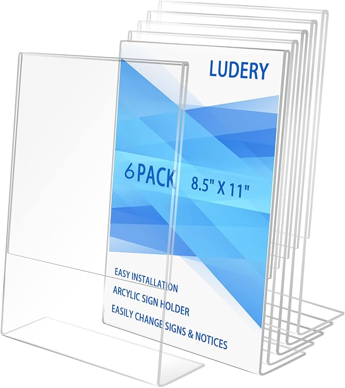 8.5x11 Inches Acrylic Sign Slant Back Holder, Plastic Display Stand,Brochure Holder, Table Top Sign Holder For Office, Home, Store, Restaurant(6pack)