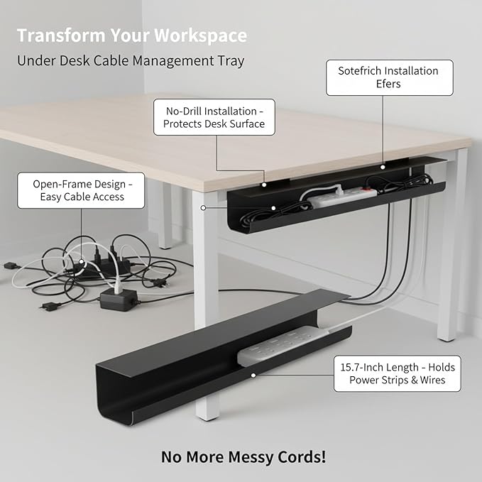Under Desk Cable Management Tray, No-Drill Mount Cord Organizer for Power Strips and Wires, 15.7 x 3.9 x 3.5 Inches (1 PC)